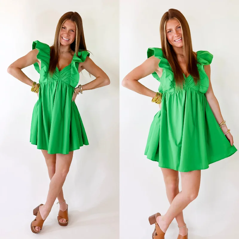 geometric print mini dressesPixie Perfect Ruffled Sleeve V Neck Dress in Green