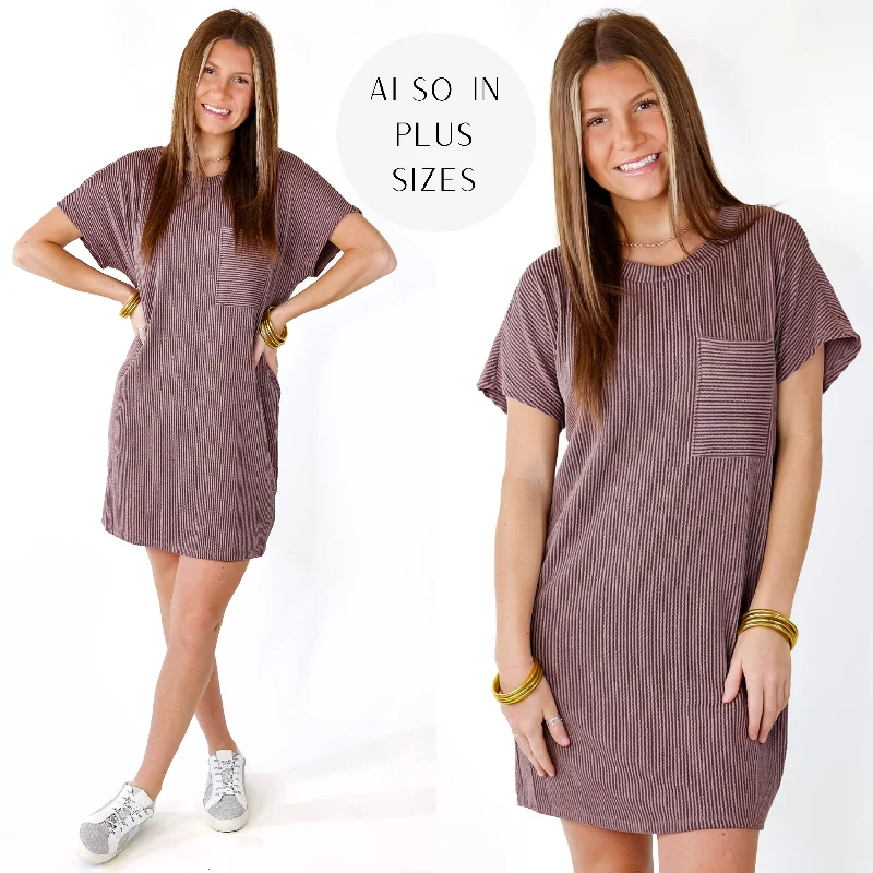 retro 80s mini dressesCoffee and Carefree Ribbed Short Sleeve Dress with Front Pocket in Brown