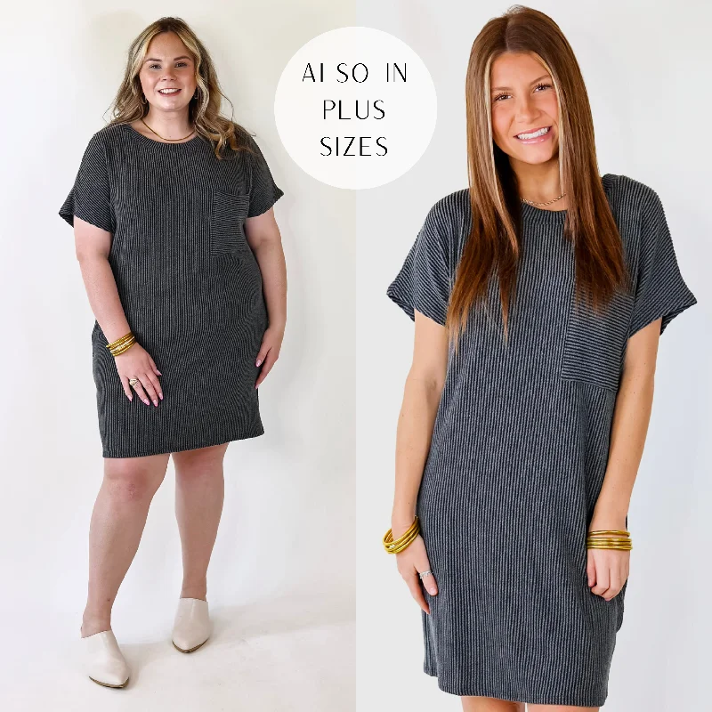 ruched mini dressesCoffee and Carefree Ribbed Short Sleeve Dress with Front Pocket in Charcoal