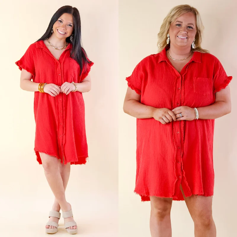 wedding guest mini dressesSpring Glow Button Up Raw Hem Dress in Red