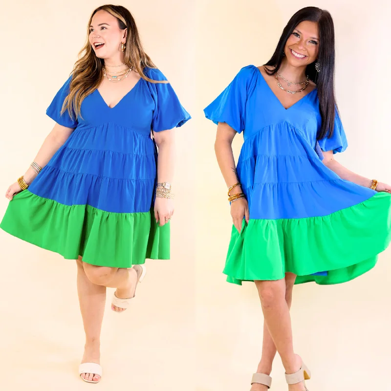 casual cotton mini dressesTrendy City Puff Sleeve Tiered Dress with Green Hemline in Blue casual cotton mini dressesTrendy City Puff Sleeve Tiered Dress with Green Hemline in Blue