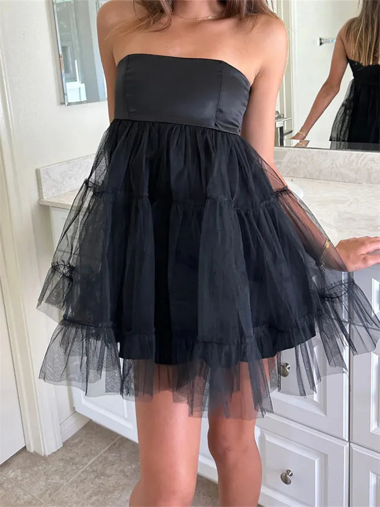 button down mini dressesFashionSierra - 2024 Tulle Tutu Tube Solid Color Strapless Off Shoulder Mini Dress