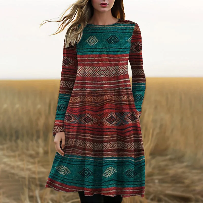 pleated mini dressesVintage Ethnic Print Dress